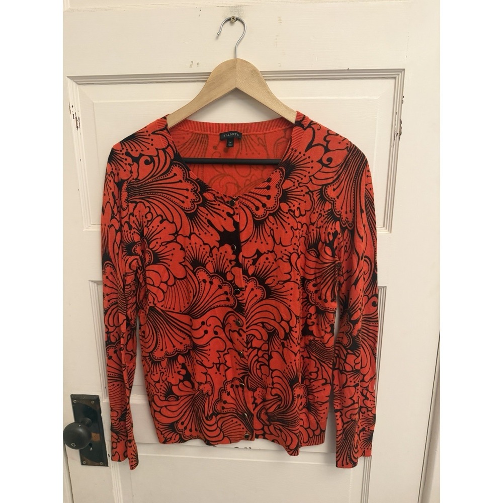 Talbots Woman's Red/Orange Floral‎ Cardigan Cotton Blend Size Medium $99